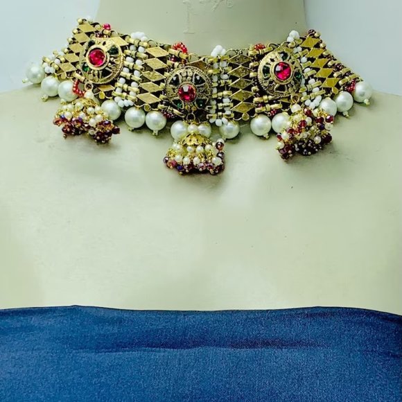 Golden Tone Metal Choker Necklace, Statement Collar Choker With Multicolor Beads - Picture 1 of 11